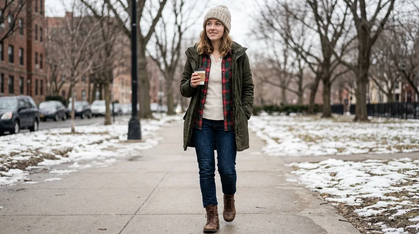 Plaid flannel shirt over a cream thermal top with dark jeans, boots, and a warm parka.
