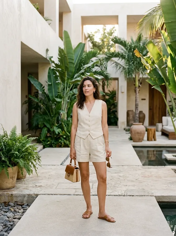Tailored cream linen vest and shorts for a polished tropical vacation outfit.