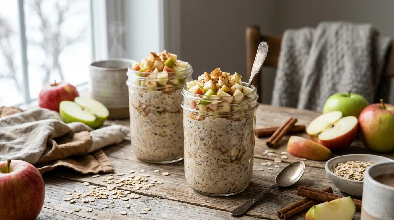 Apple cinnamon overnight oats in jars topped with fresh apple pieces.