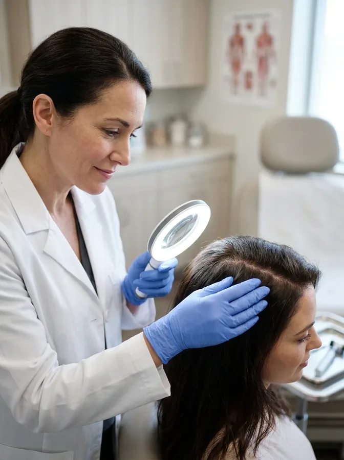 Dermatologist examining the scalp to assess irritation and hair loss.