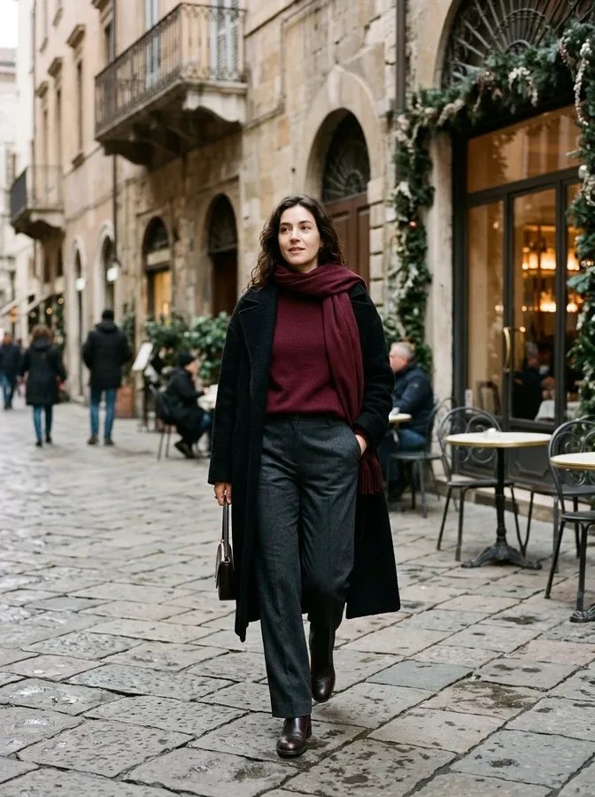 Burgundy sweater and scarf paired with charcoal trousers and a black coat for a polished winter look.