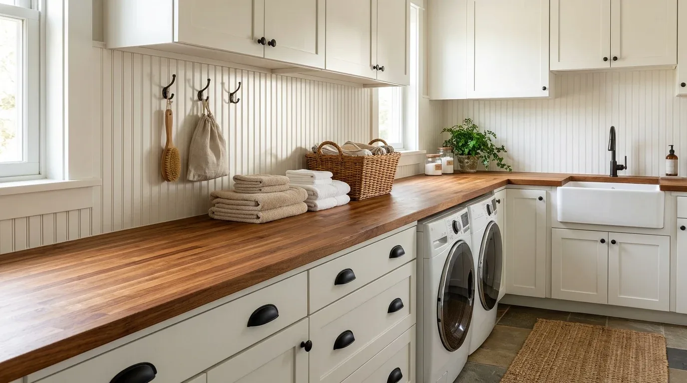 White beadboard backsplash adding classic farmhouse texture behind a laundry folding counter.