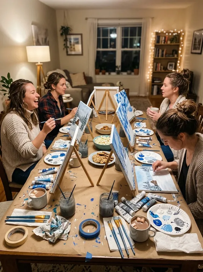 Friends painting winter landscapes on small canvases during a cozy at-home paint night.