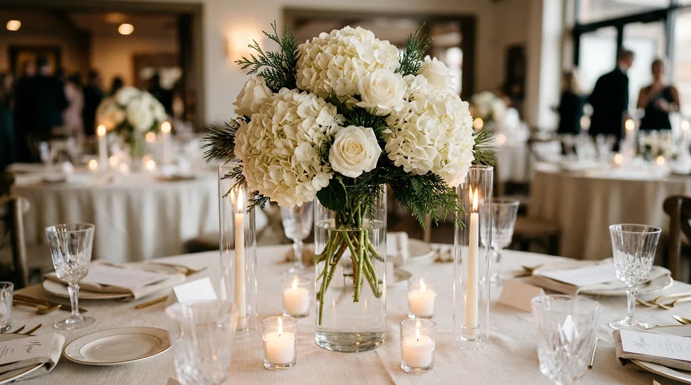 Full white hydrangea wedding centerpiece in a clear glass vase with subtle seasonal greenery.