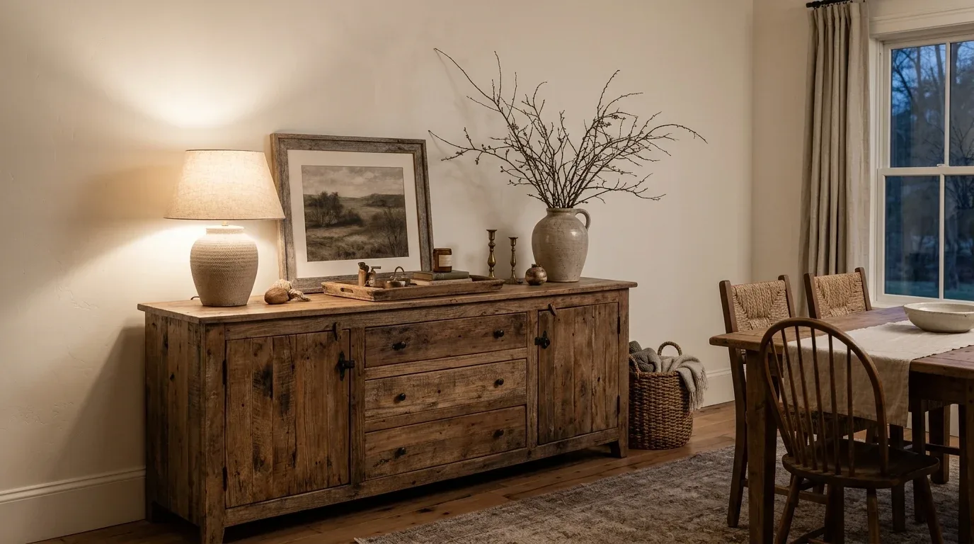 Weathered wood sideboard styled with a ceramic lamp, framed artwork, and winter branches.