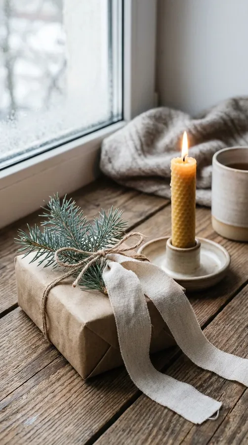 A simple winter gift wrapped in kraft paper with twine, evergreen, and candlelight.