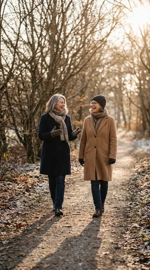 Old friends laughing together during a sunny winter walk.