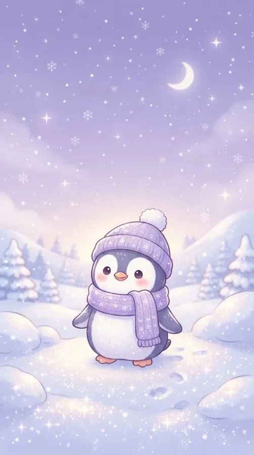 Cute penguin in a lavender scarf standing in a pastel purple snowy landscape.