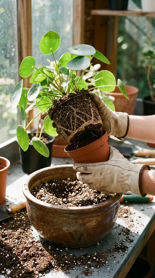Repotting a Chinese money plant into a slightly larger container.