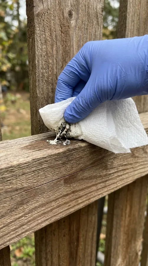Safely removing bird droppings from wooden fence boards with a damp paper towel.