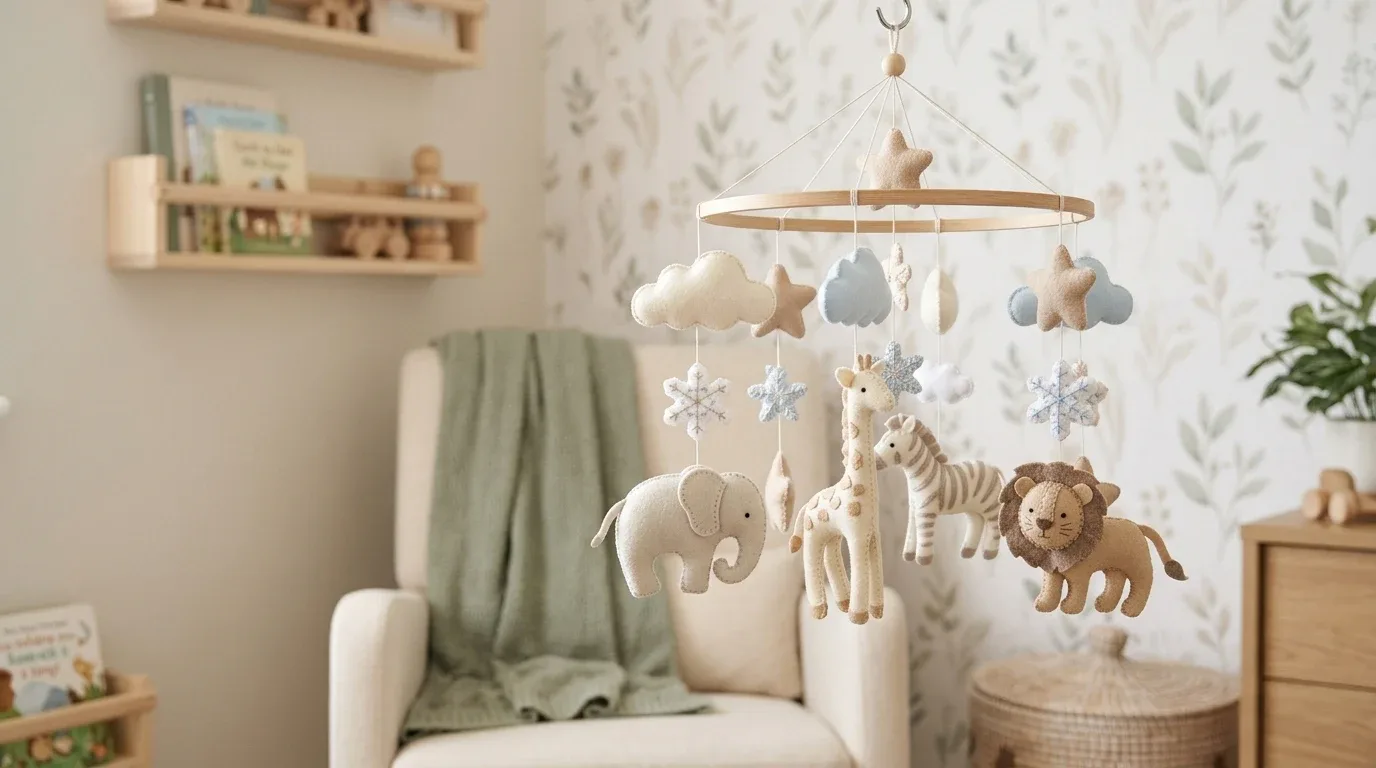 Handmade felt safari animal mobile with winter stars, clouds, and snowflakes.