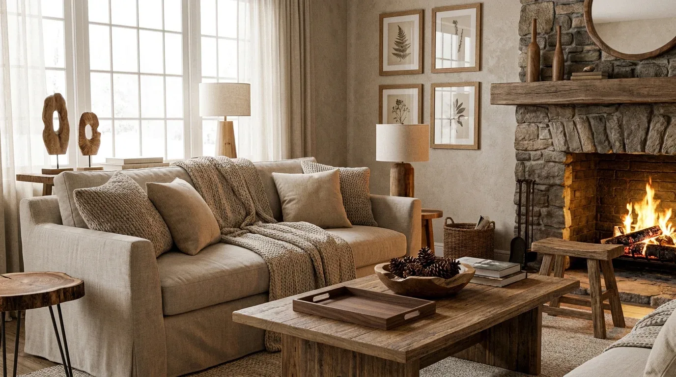 Natural wooden trays, bowls, and frames add rustic warmth to winter home decor.