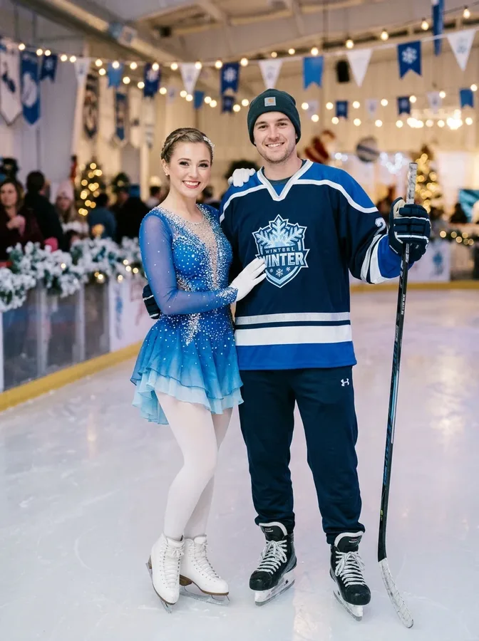 Reindeer and snowflake couple costumes with elegant frosty winter accessories.