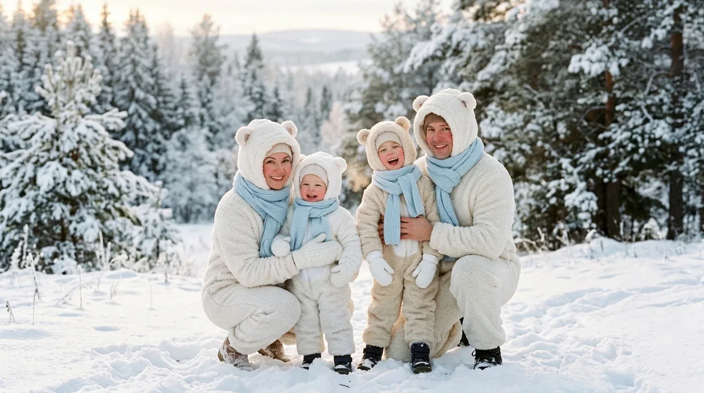 Family in fluffy white polar bear costumes with cozy winter scarves.