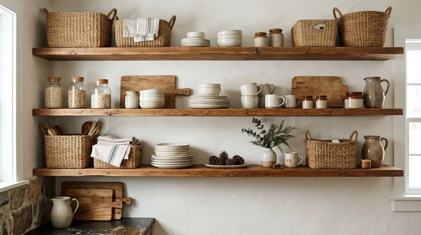 Forest green ceramics and warm neutral accessories create elegant winter kitchen shelves.