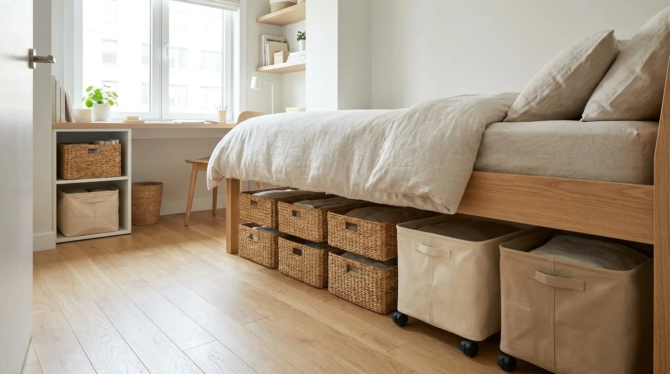 Small bedroom gallery wall with coordinated framed prints above a neatly styled bed.