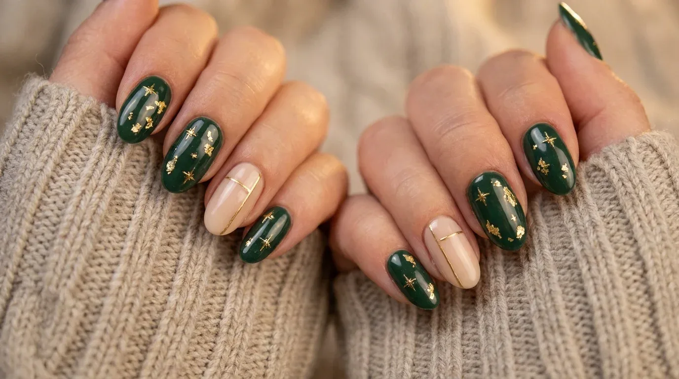 Forest green winter nails with delicate gold foil, metallic stars, and elegant nude accents.
