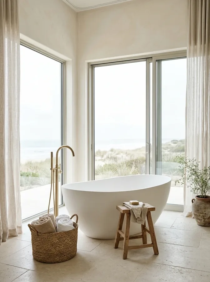 Freestanding white bathtub with brass faucet and natural wood coastal accessories.