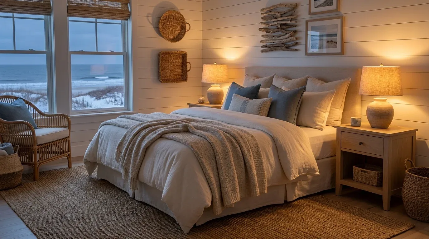 Coastal bedroom glowing with warm bedside lamps, ivory bedding, and soft blue accents.
