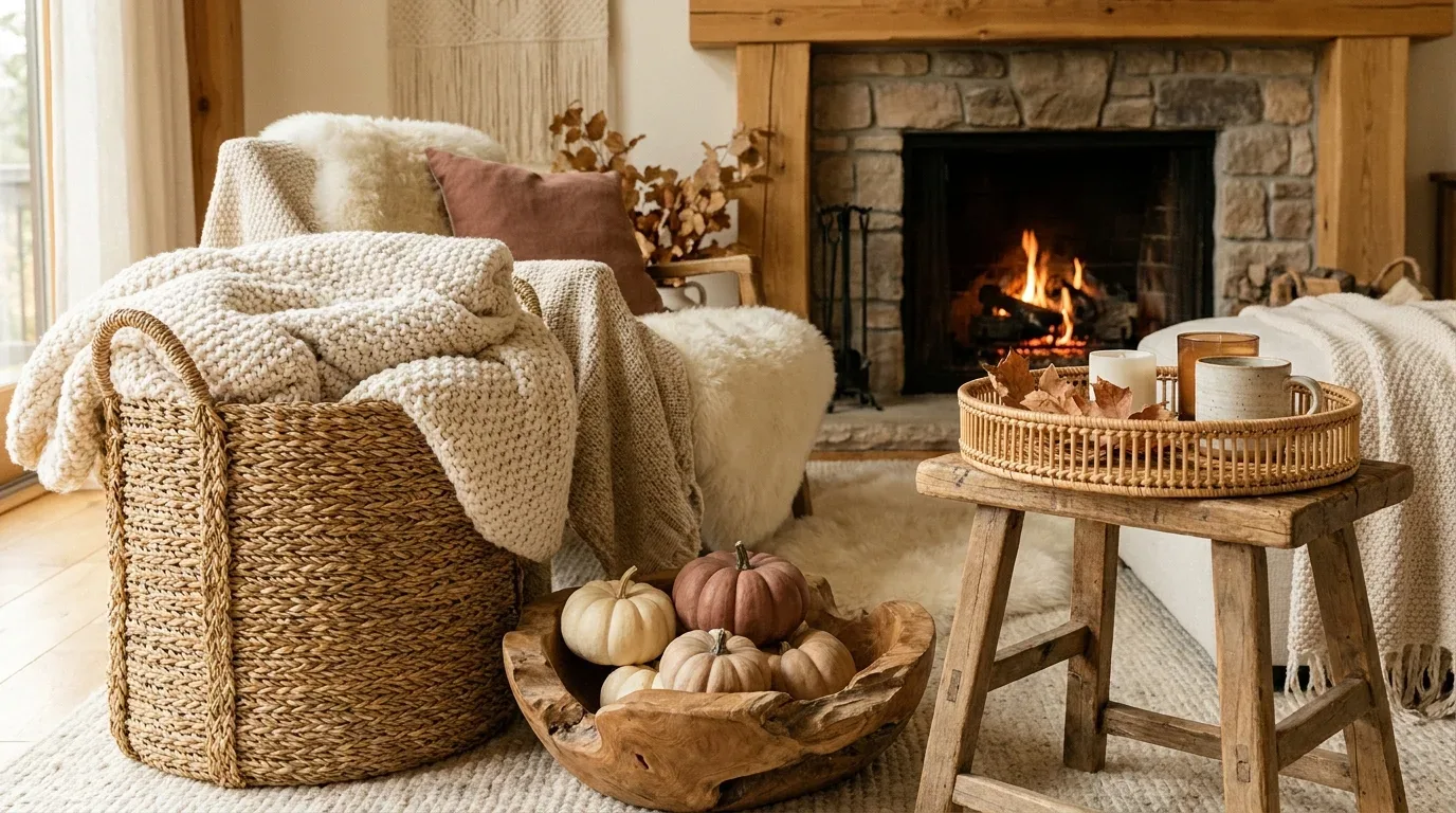 Rustic fall decor with woven baskets, wooden bowls, natural textures, and cozy knit blankets.