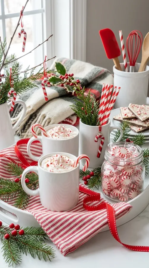 Small-space apartment coffee tray with neatly organized coffee pods and winter decor.