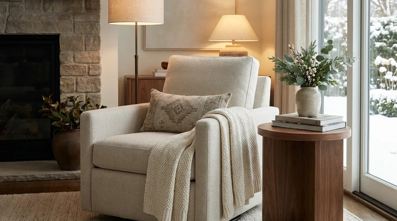Stylish power swivel rocker accented with cozy textiles and understated winter decor.