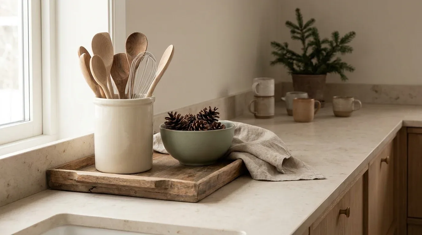 Winter kitchen counter decor in warm white, oatmeal, sage and natural wood tones