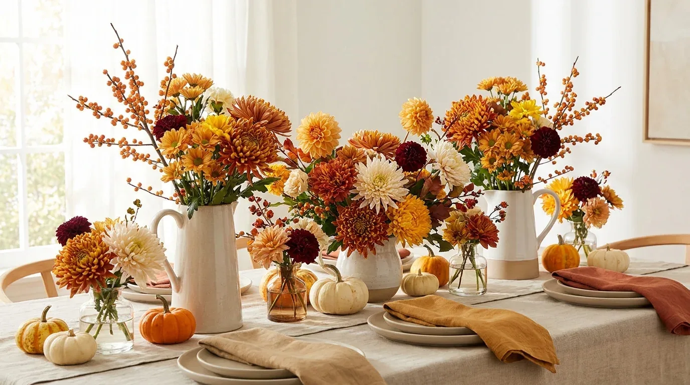 Colorful Thanksgiving table with autumn chrysanthemums, dahlias, pumpkins, and warm linen accents.