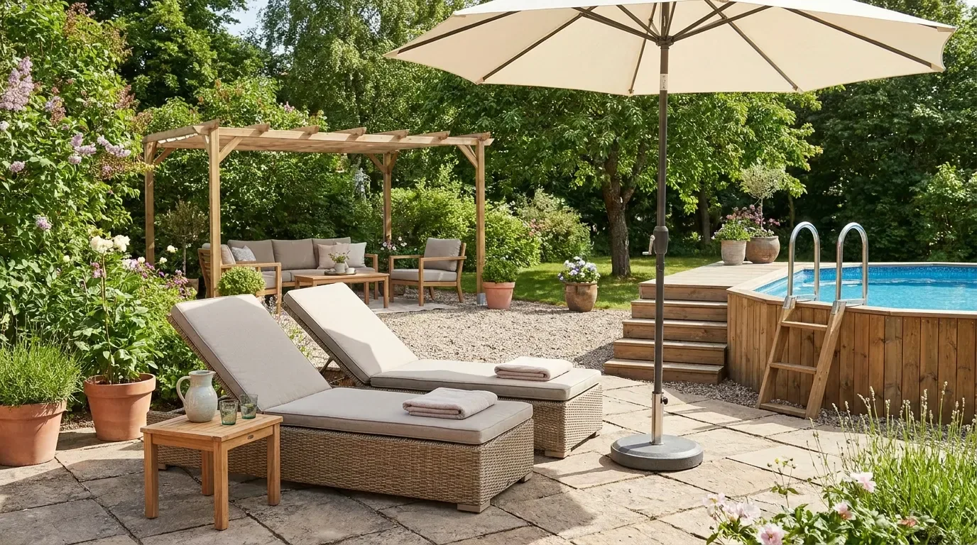 Above-ground pool with a comfortable lounge area, weather-resistant chairs, and an outdoor umbrella.