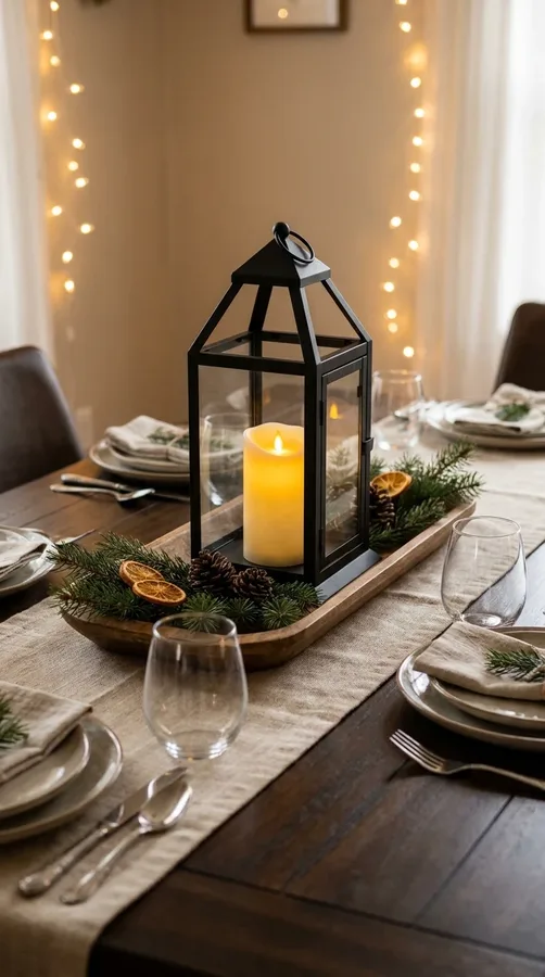 Christmas dining table centerpiece with a glowing lantern, evergreen sprigs, pinecones, and linen.