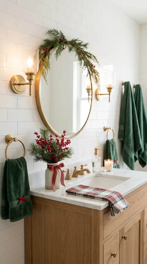 Coordinated ceramic soap dispenser, toothbrush holder, and tissue-box cover with Christmas accents.