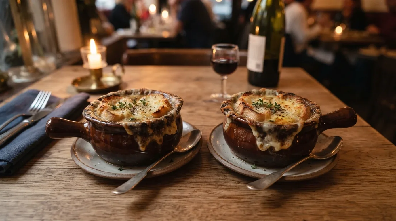French onion soup topped with toasted baguette and melted golden cheese.