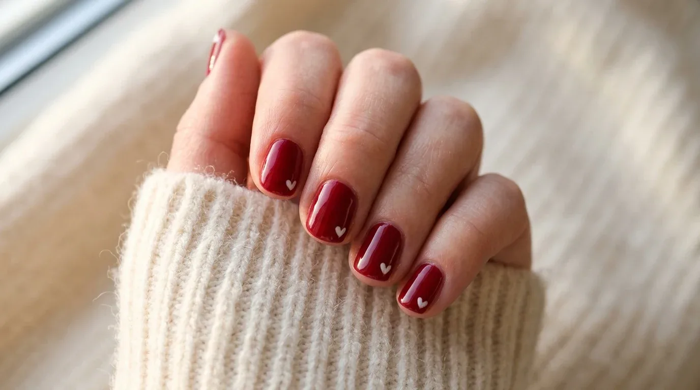 Short glossy red Valentine's nails decorated with tiny white micro-hearts.