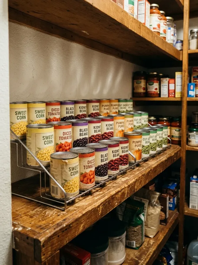 Heavy pantry staples stored neatly on a low shelf to free up upper storage space.