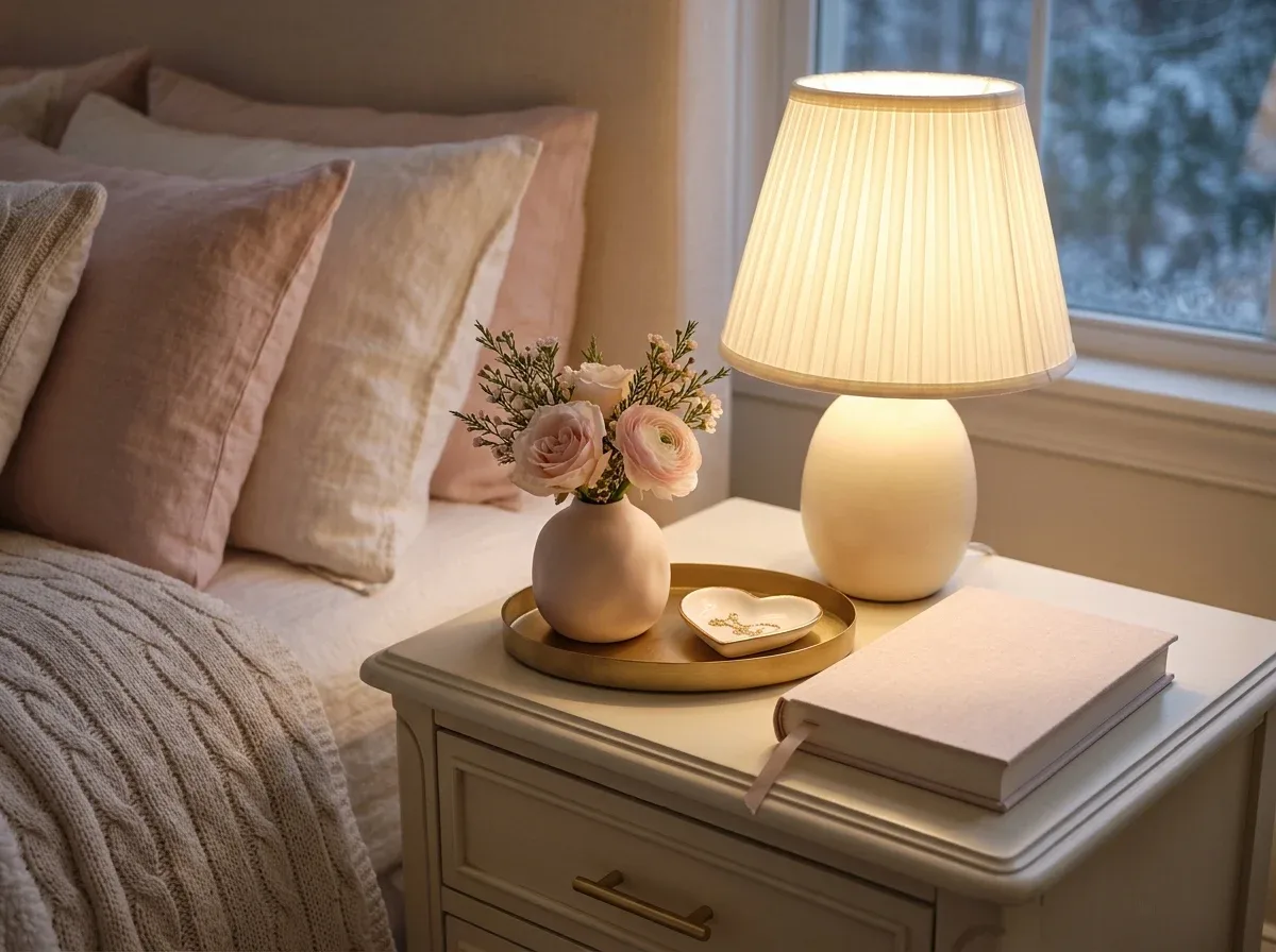 Valentine's Day bedside table with a warm lamp, pink flowers, a heart-shaped dish, and a decorative tray.