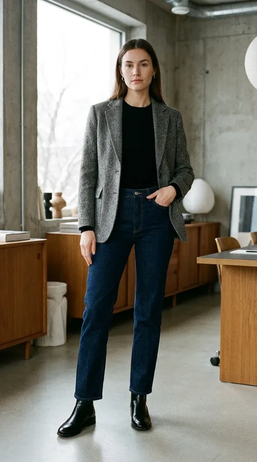 Dark straight-leg jeans and a gray tweed jacket make a polished smart casual winter outfit.