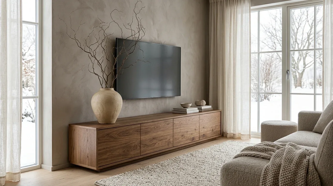 Layered winter landscape and botanical prints personalize the area around a TV stand.