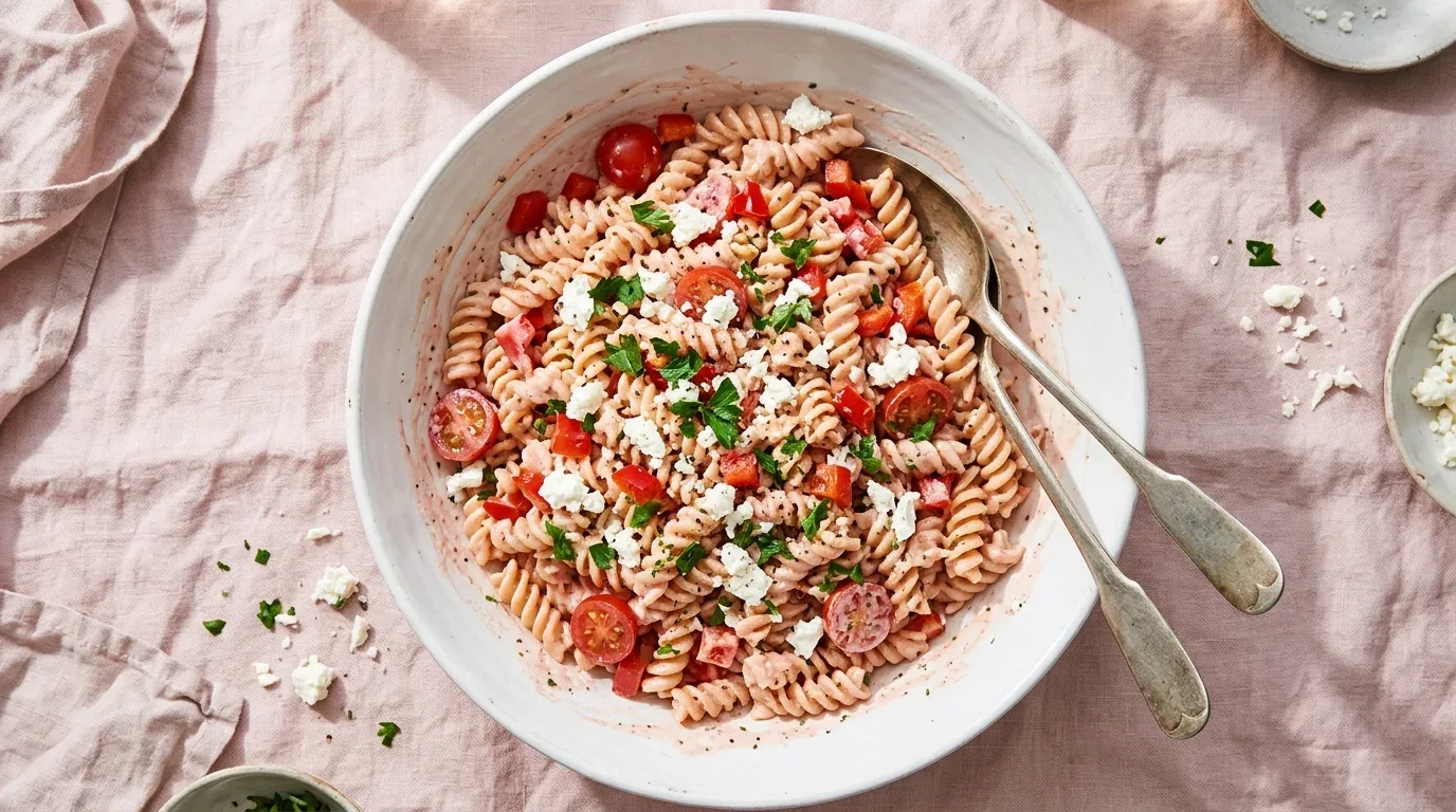 Creamy pink pasta salad with rotini, colorful vegetables, feta, and fresh herbs.