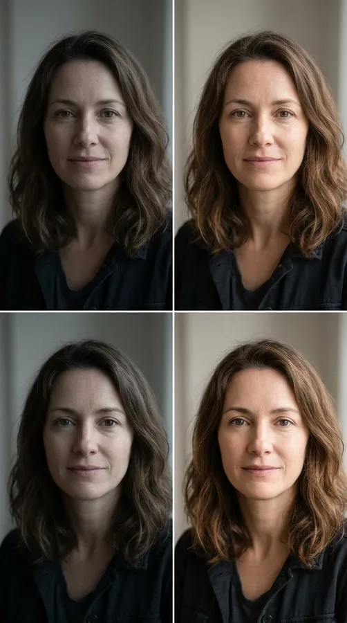 Portrait comparison showing subtle photo corrections while preserving natural skin texture.