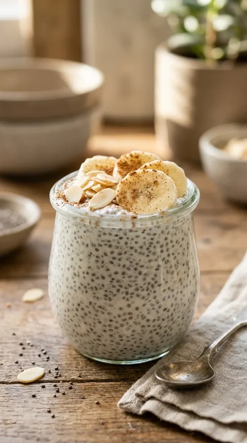 Chia pudding topped with banana, cinnamon, and almonds in a breakfast jar.