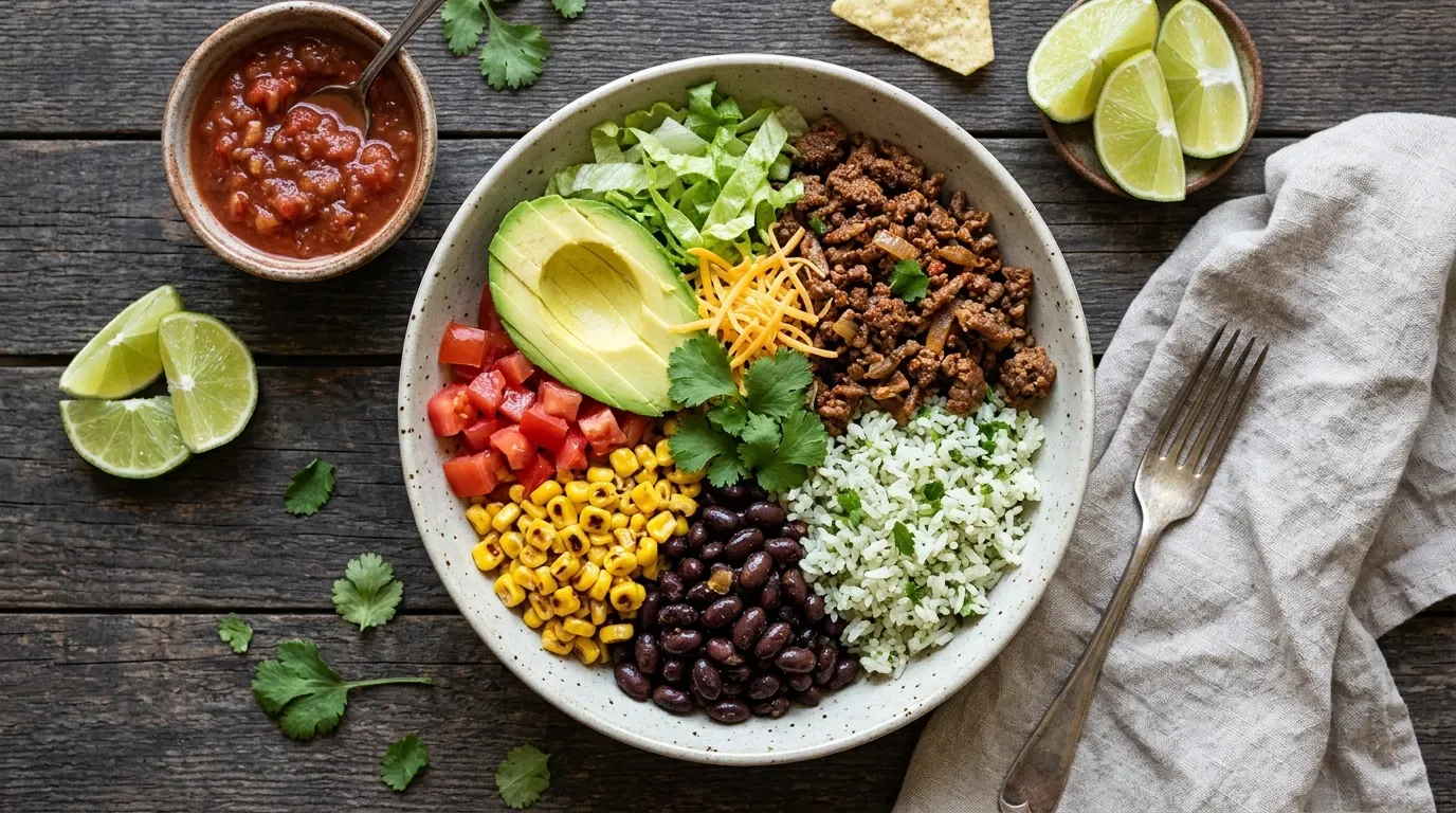 Ground beef burrito bowl with rice, black beans, corn, avocado, tomatoes, and shredded cheese.