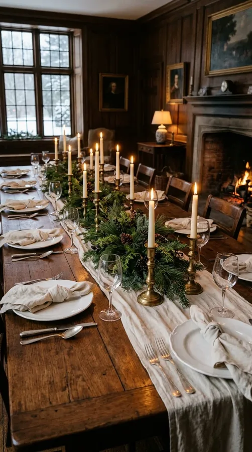 A traditional winter dining table with linen, classic ceramics, brass candleholders, and greenery.