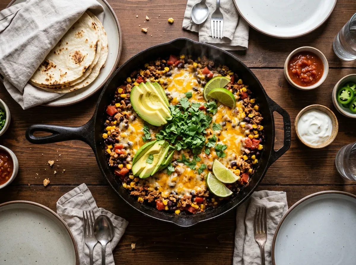 Turkey taco skillet with black beans, corn, tomatoes, melted cheese, and fresh toppings.