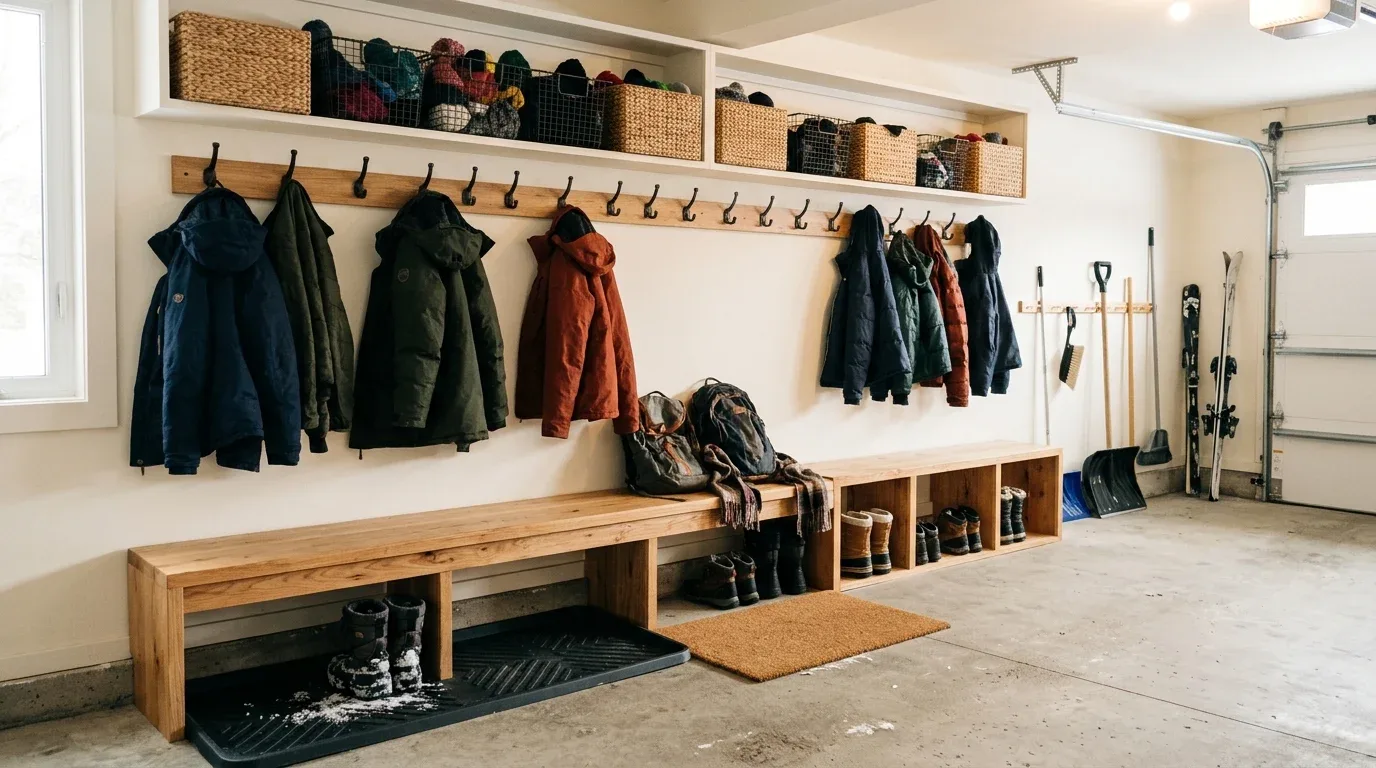 Garage winter gear station with coat hooks, a wooden bench, boot storage, and accessory baskets.