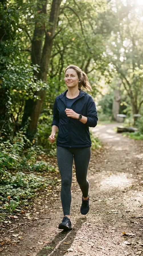Woman enjoying a brisk outdoor walk as part of a healthy daily exercise routine.