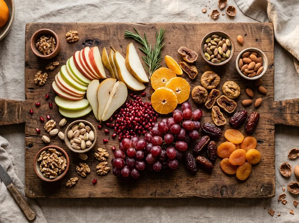 Rustic winter fruit and nut platter with apples, pears, grapes, citrus, dates, figs, almonds, and walnuts.