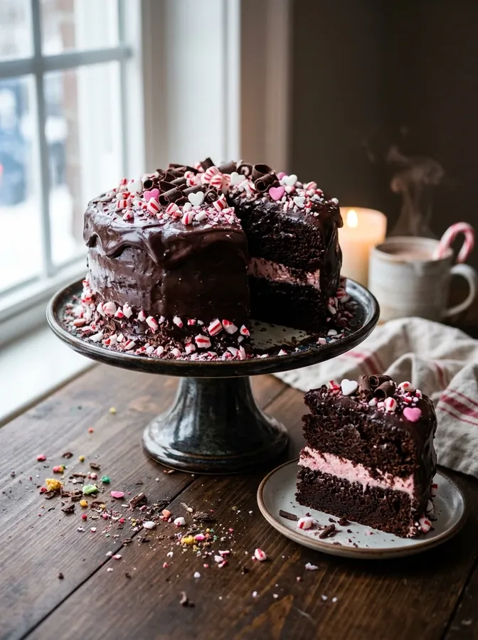 Midnight blue winter Valentine's cake decorated with silver stars and white snowflakes.