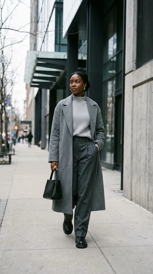 Black woman wearing a chic monochrome gray winter outfit with chunky black boots.