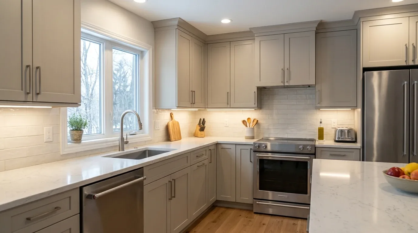 Kitchen upgrade featuring updated cabinets, countertop, lighting, and water-efficient fixtures