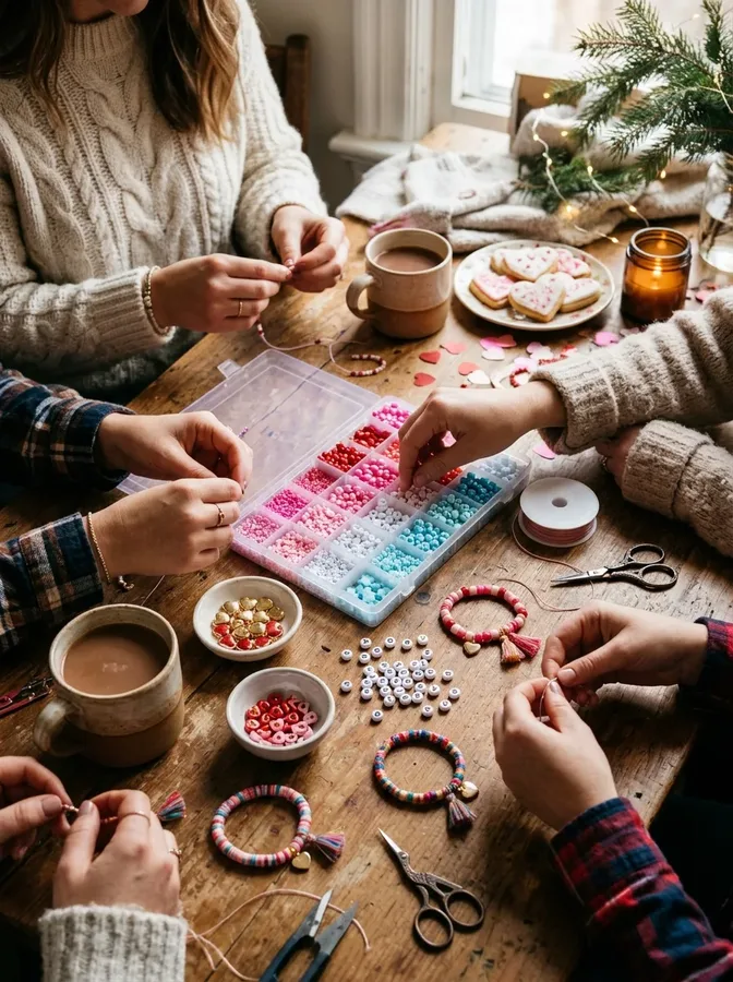 Colorful beads and handmade friendship bracelets at a Galentine's craft station.